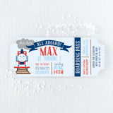 Train ticket birthday invitations that look like tickets printed in blue, navy and red colors on cardstock.