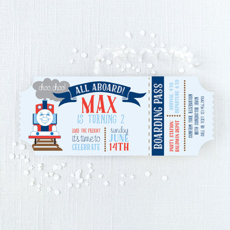 Train ticket birthday invitations that look like tickets printed in blue, navy and red colors on cardstock.