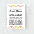 Bridal shower invitation with colorful geometric design printed on white cardstock