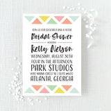 Bridal shower invitation with colorful geometric design printed on white cardstock