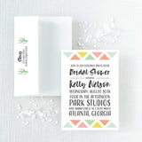 Bridal shower invitation with colorful geometric design and envelope with cactus design