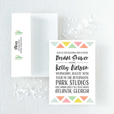 Bridal shower invitation with colorful geometric design and envelope with cactus design