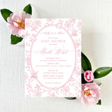 A pink baby shower invitation with floral pattern background, including roses and vintage baby designs