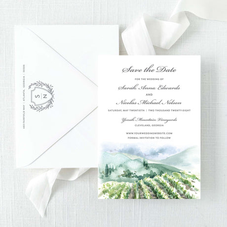 save the date with watercolor vineyard design and envelope with grey monogram return addressing