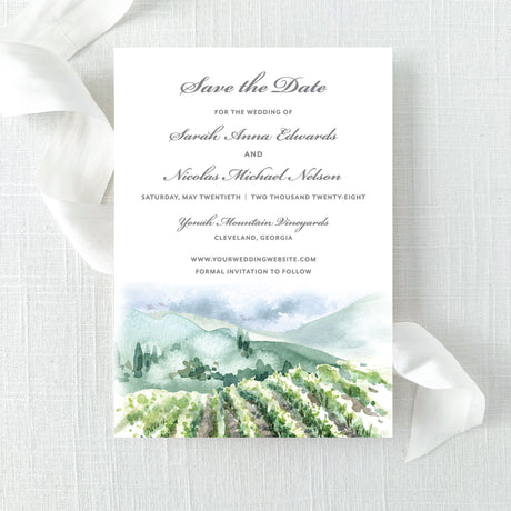 Wedding save the date card with vineyard landscape watercolor design classic grey font printed on white cardstock