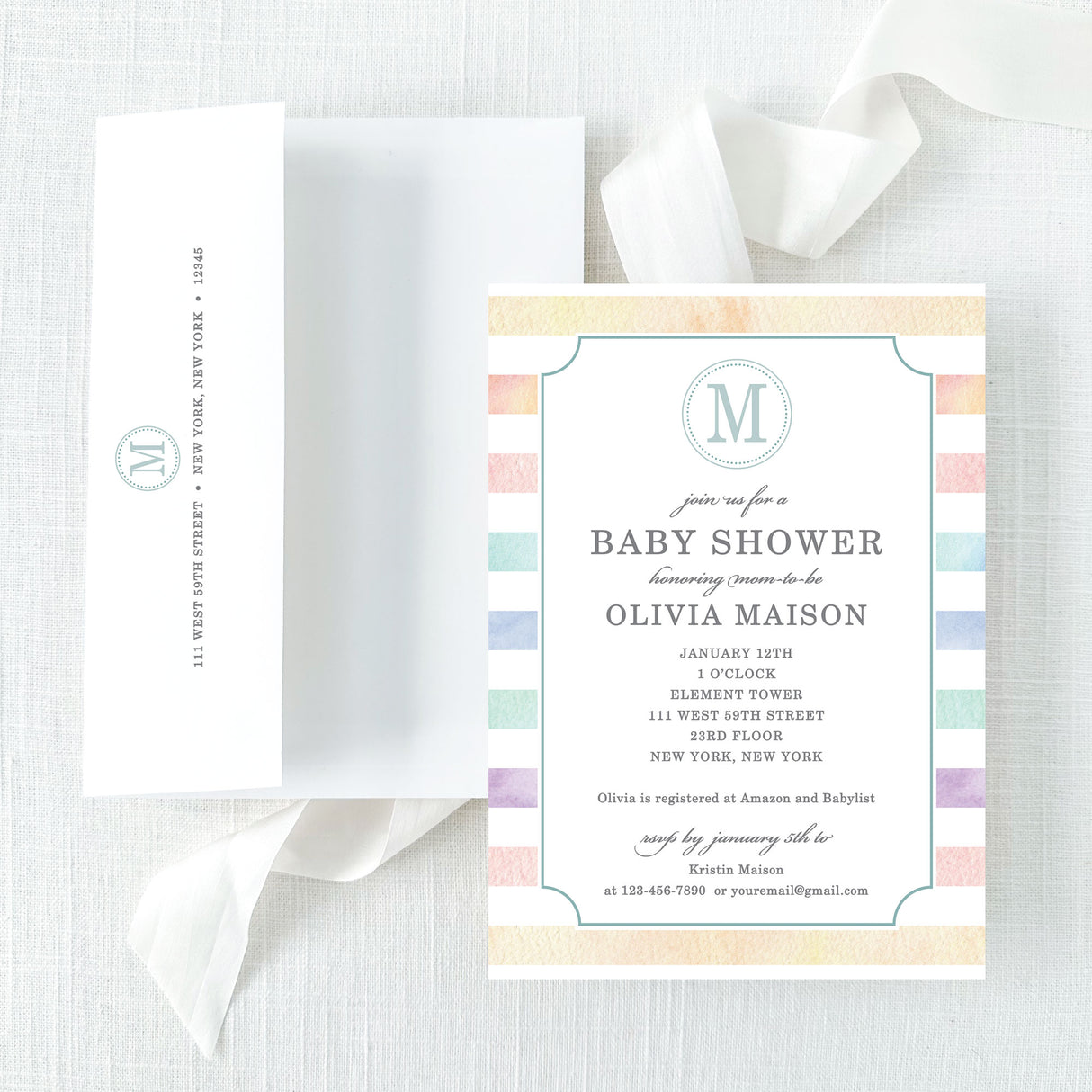 gender neutral baby shower invitation with pastel stripes on a white background and printed return address.