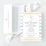 gender neutral baby shower invitation with pastel stripes on a white background and printed return address.