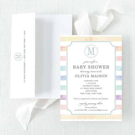 gender neutral baby shower invitation with pastel watercolor stripes with white envelope featuring printed return addressing