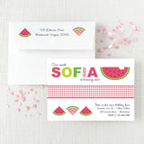 pink and green watermelon birthday invitation with envelope featuing return address printing
