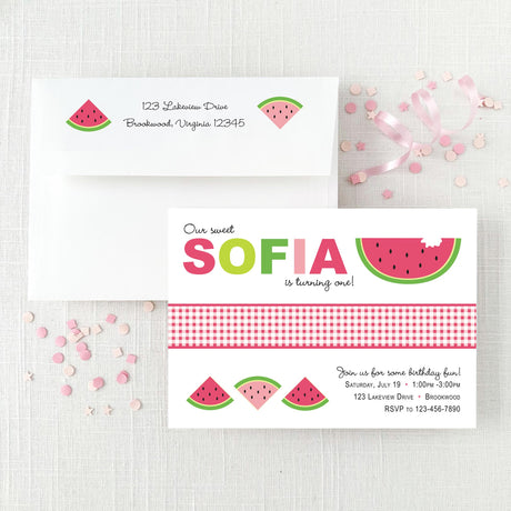 pink and green watermelon birthday invitation with envelope featuing return address printing