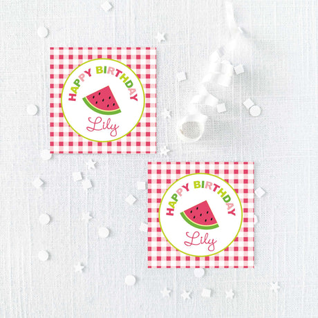 Happy Birthday stickers with pink and green watermelon design and gingham border