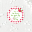 pink and green round favor tag with watermelon and gingham border design printed on white cardstock
