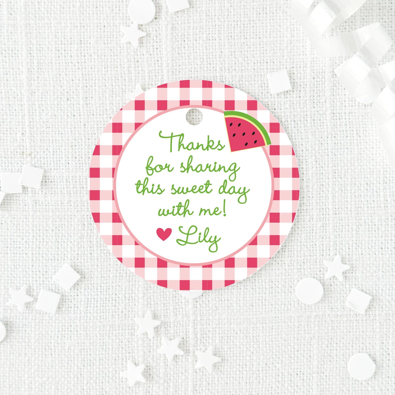 pink and green round favor tag with watermelon and gingham border design printed on white cardstock
