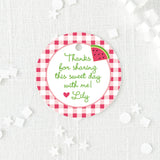 pink and green round favor tag with watermelon and gingham border design printed on white cardstock
