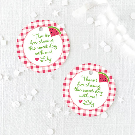 pink and green round favor tags with watermelon and pink gingham design with 'thanks for sharing this sweet day with me!' 