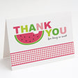 thank you card with watermelon design and gingham border in pink and green printed on white cardstock