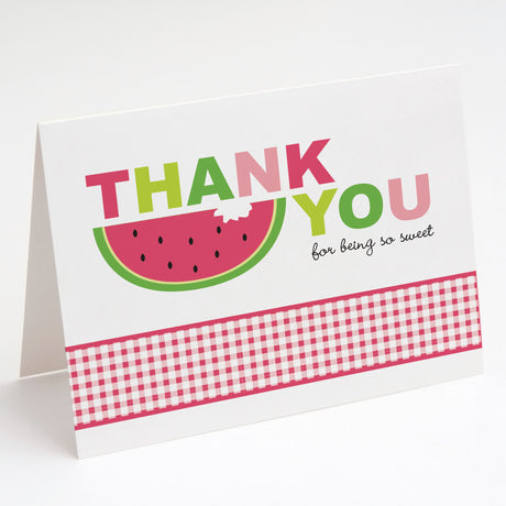 thank you card with watermelon design and gingham border in pink and green printed on white cardstock