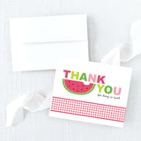 thank you card with pink and green watermelon design and thank you for being so sweet text with square flapped envelope