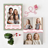 Christmas holiday cards with a green wavy dots border design with personalized family photos