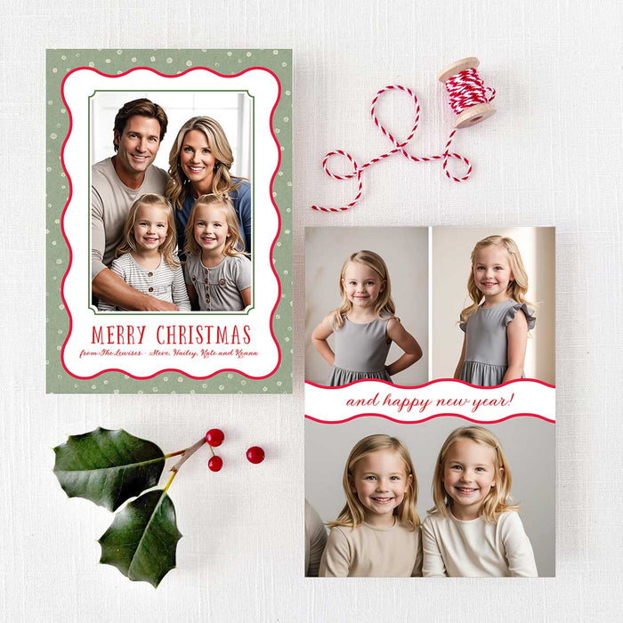 Christmas holiday cards with a green wavy dots border design with personalized family photos