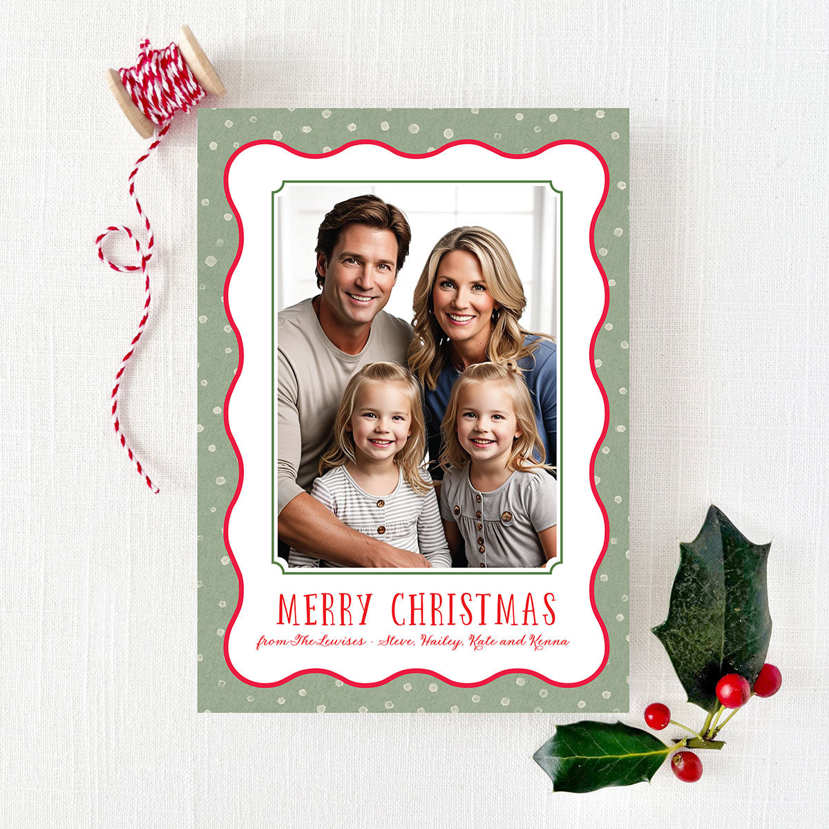 holiday christmas card with green dot border and personalized photo