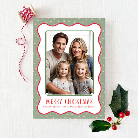 holiday Christmas photo card with green dot border and red wavy line outline printed on white cardstock