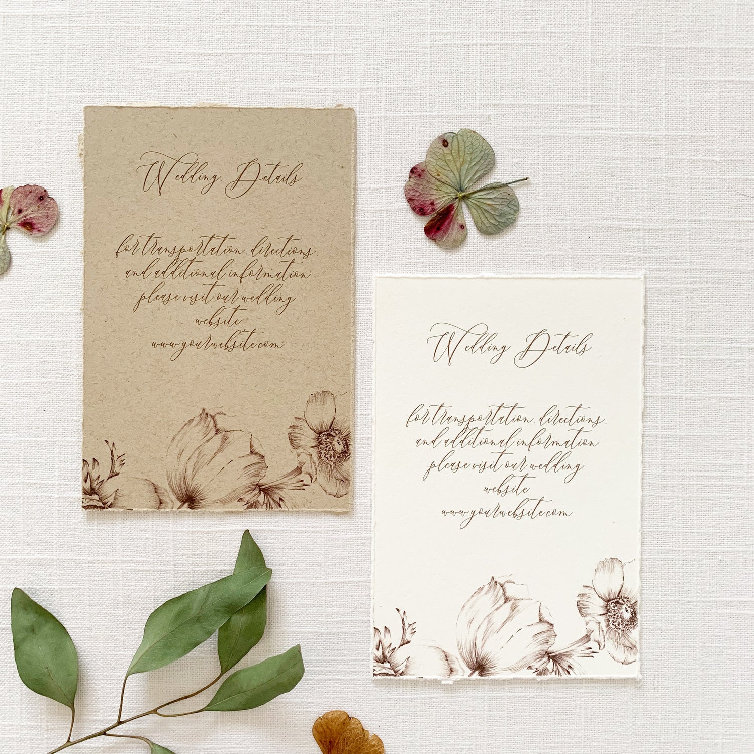 wedding details cards printed on natural khaki cardstock and off white cardstock with vintage flower illustrations