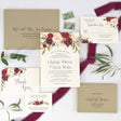 burgundy rose wedding invitation featuring rustic calligraphy font and watercolor rose bouquet printed on cream cardstock with gold shimmer envelopes