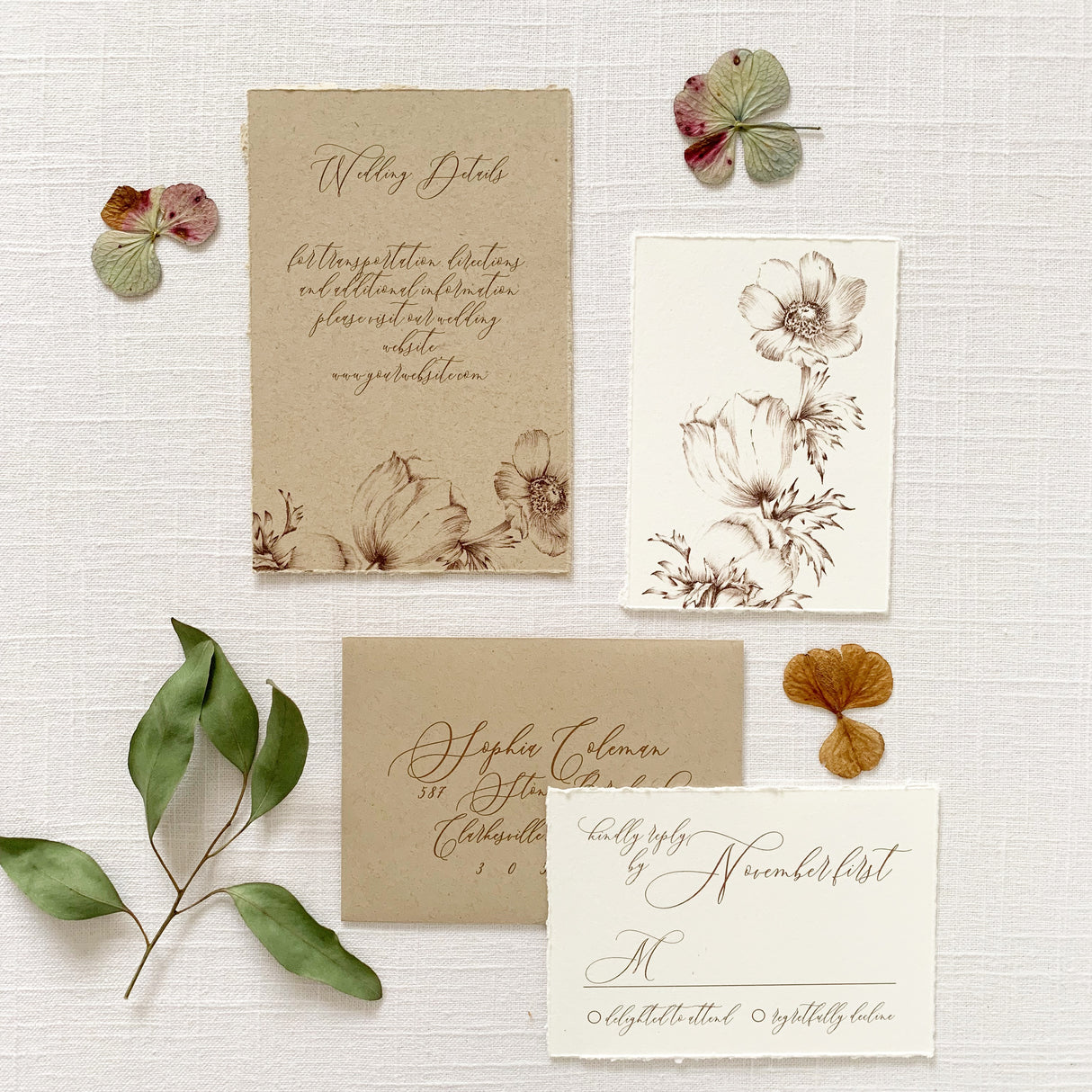 handtorn rsvp card and details cards with floral illustrations