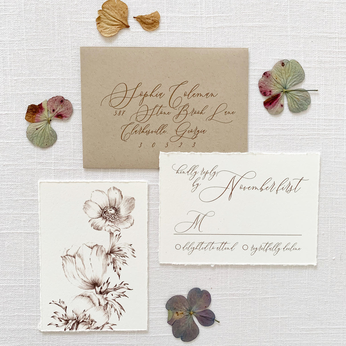 wedding rsvp cards printed on off white cardstock with vintage flower illustrations and natural khaki envelope