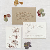 wedding rsvp cards printed on off white cardstock with vintage flower illustrations and natural khaki envelope
