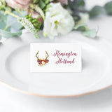 escort card with burgunduy antler floral arrangement and rustic calligraphy font printed on cardstock