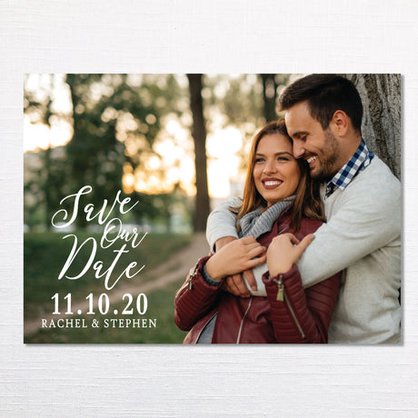 photo save the date with personalized photo featuring elegant calligraphy script font printed on ultra white cardstock 