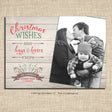 Christmas photo card with personalized photo featuring a rustic wood background, and fun red and green wording printed on ultra white cardstock