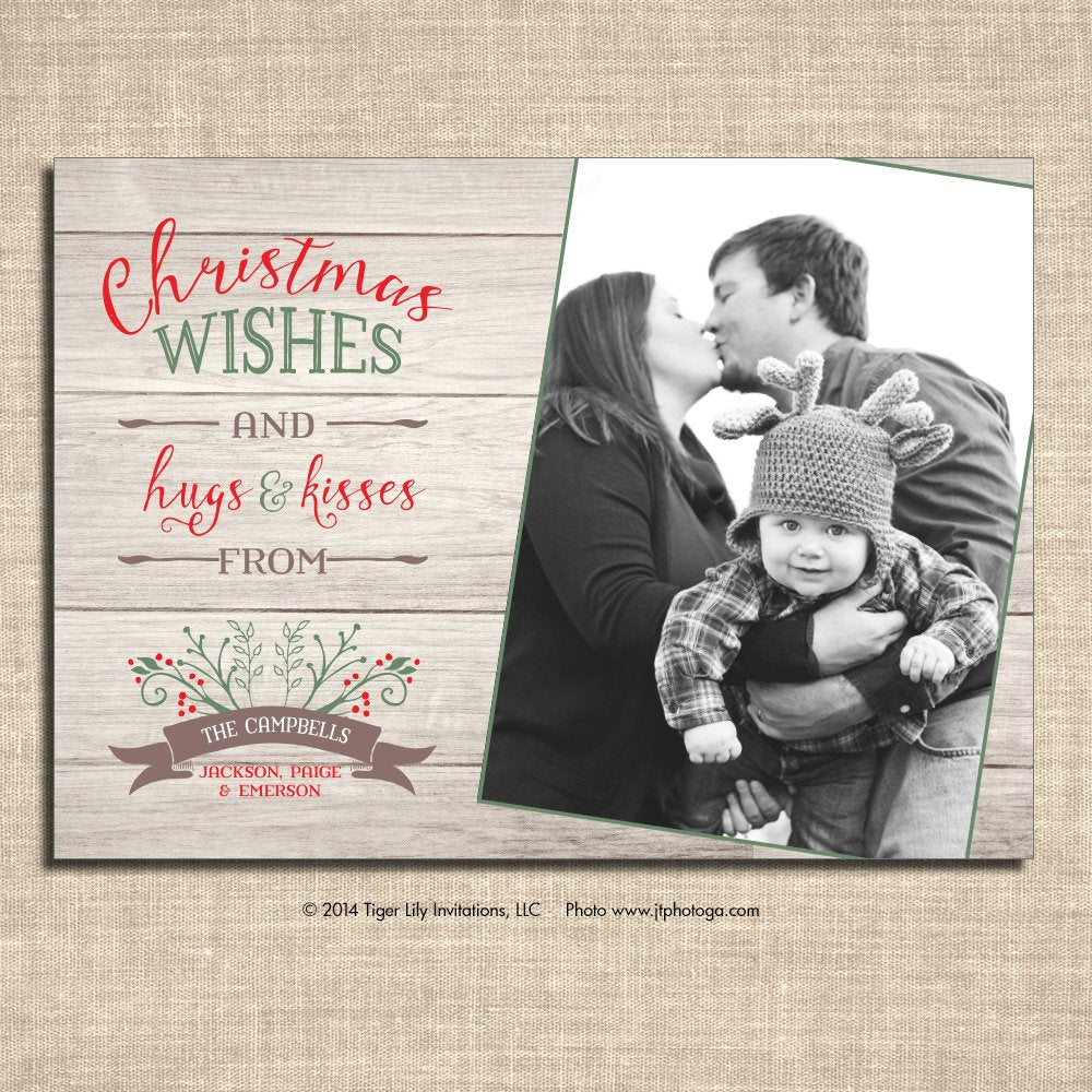Christmas photo card with personalized photo featuring a rustic wood background, and fun red and green wording printed on ultra white cardstock