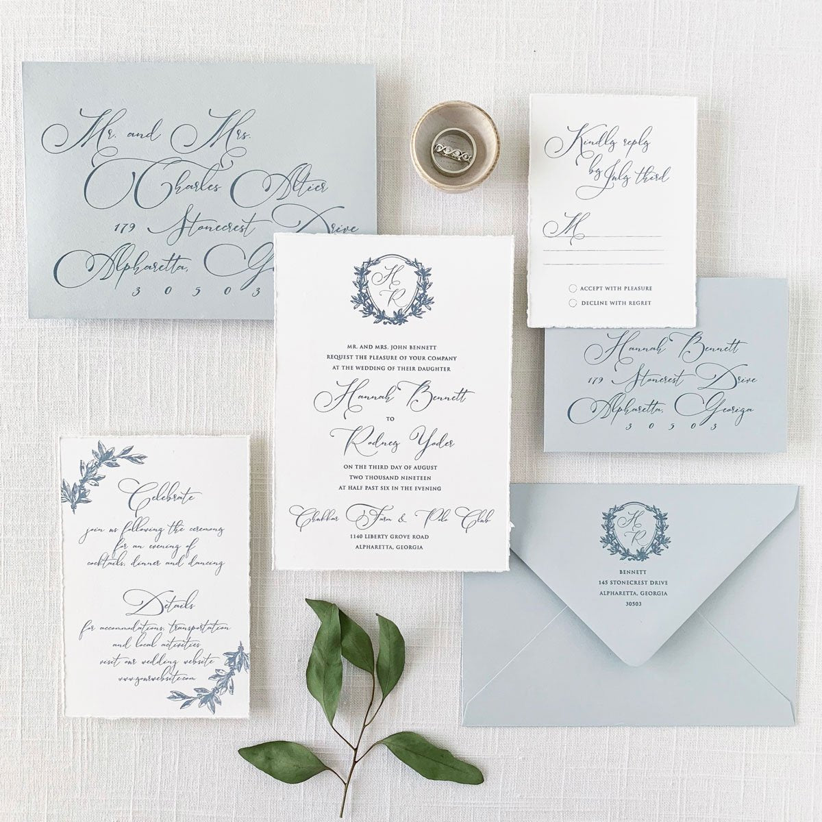 Dusty Blue Crest Wedding Invitation - Sample Set