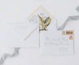 wedding envelopes with dusty blue guest addressing and vintage botanical envelope liner