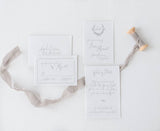 fine art wedding invitation details card and rsvp cards with handtorn edges and gray ribbon