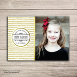 front side of gold glitter christmas photo card with gold glitter accents and customized photo 
