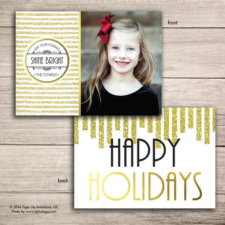 A Christmas holiday photo card featuring 'Happy Holidays' with gold glitter accents printed on white cardstock