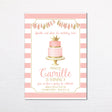 pink and gold birthday invitation featuring a pink and gold birthday cake with a tassel garland and striped background printed on white cardstock