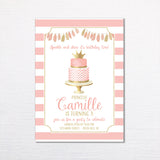 pink and gold birthday invitation featuring a pink and gold birthday cake with a tassel garland and striped background printed on white cardstock