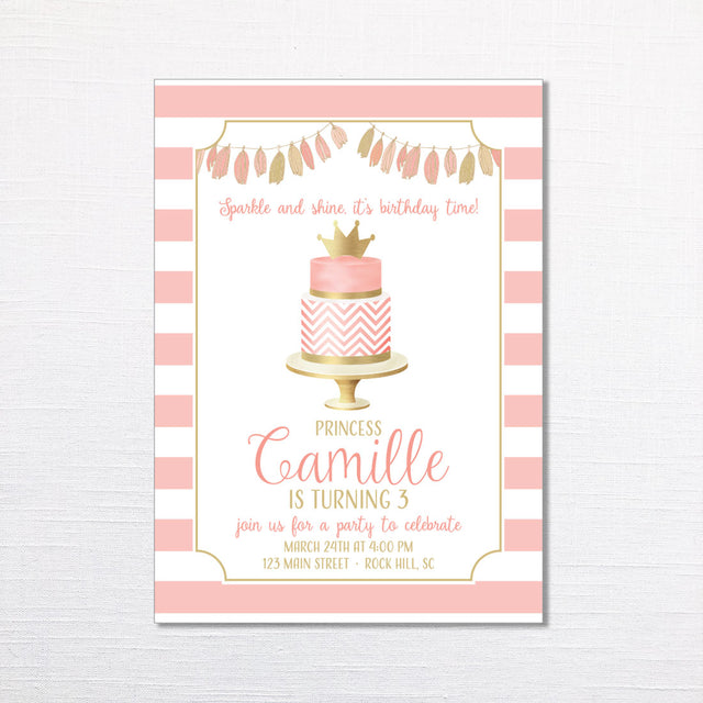 pink and gold birthday invitation featuring a pink and gold birthday cake with a tassel garland and striped background printed on white cardstock