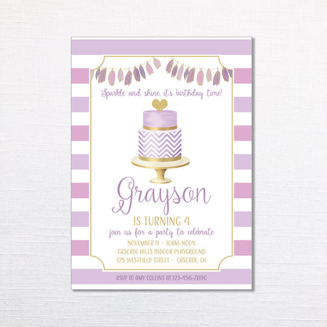 purple and gold birthday invitation featuring purple and gold birthday cake, tassel garland, and striped background printed on white cardstock