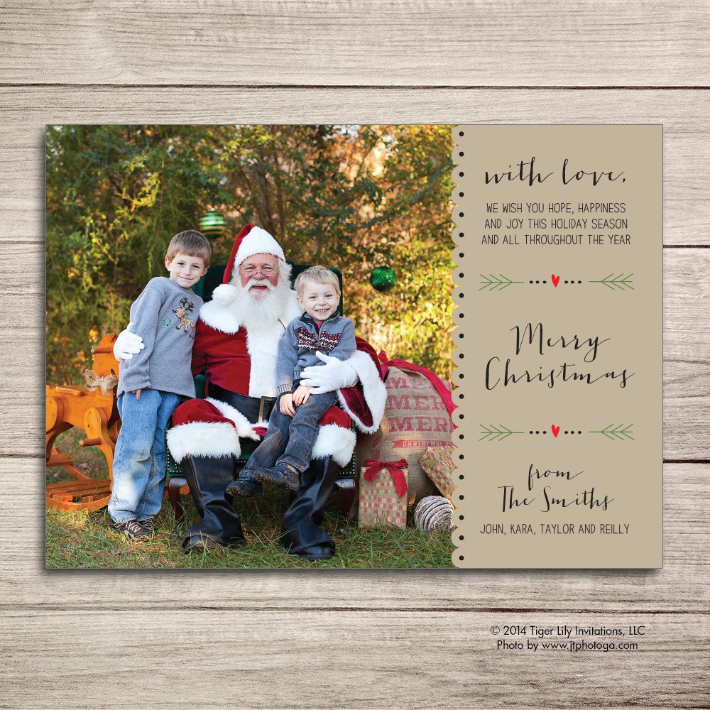 Christmas holiday photo card with a rustic script text printed on white cardstock