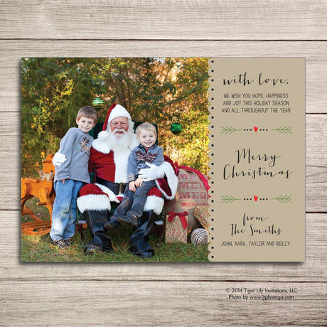 Christmas holiday photo card with a rustic script text printed on white cardstock