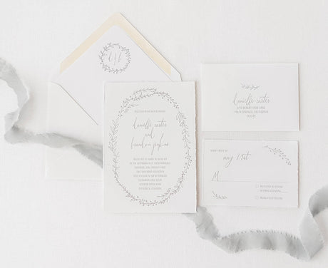 vintage wedding invitation with botanical wreath design and rsvp cards and envelopes printed on cotton cardstock